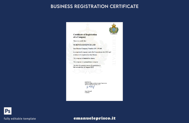 certificato di registrazione dell'impresa sammarinese in stile verificato modell